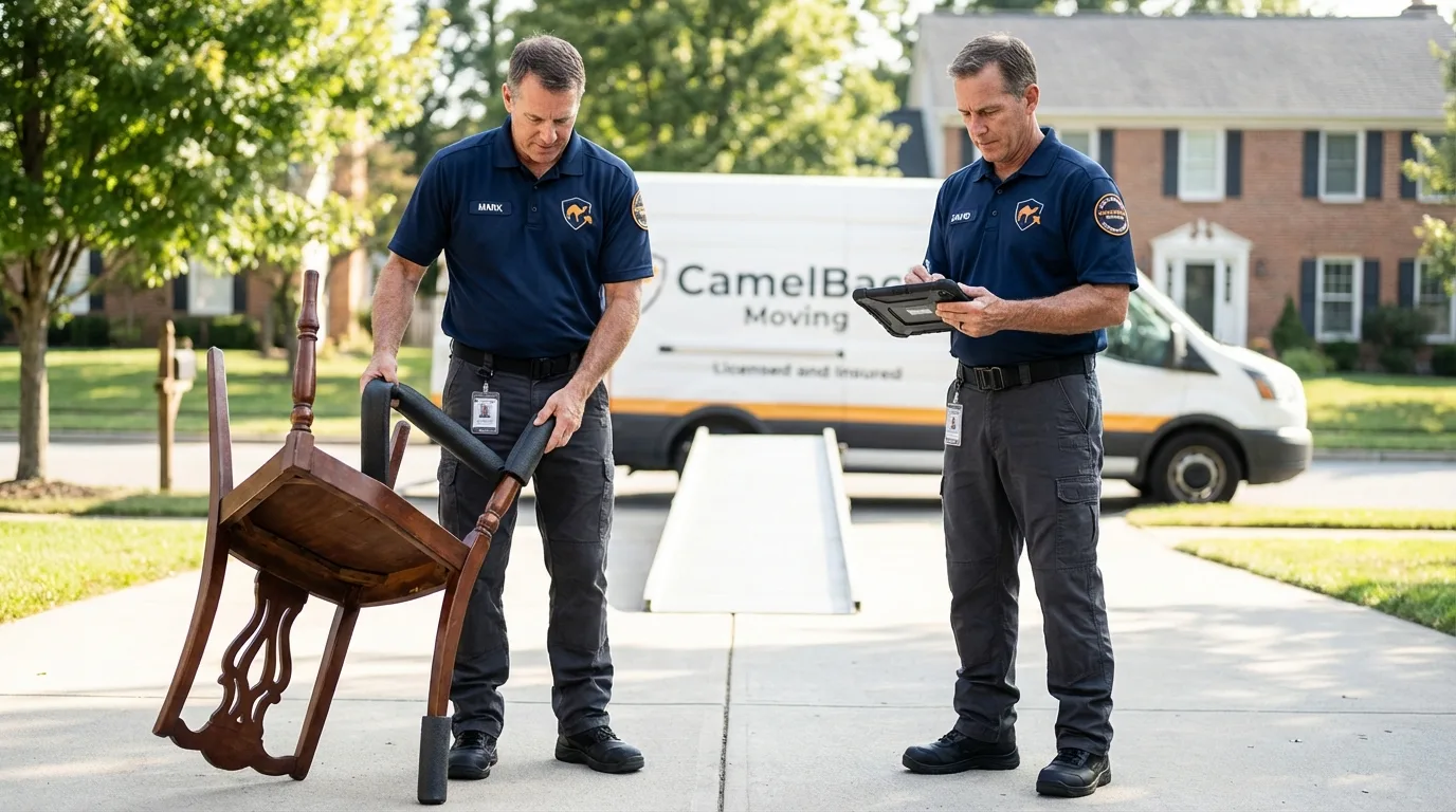 Movers inspecting furniture for damage prevention before loading in Pendleton, SC