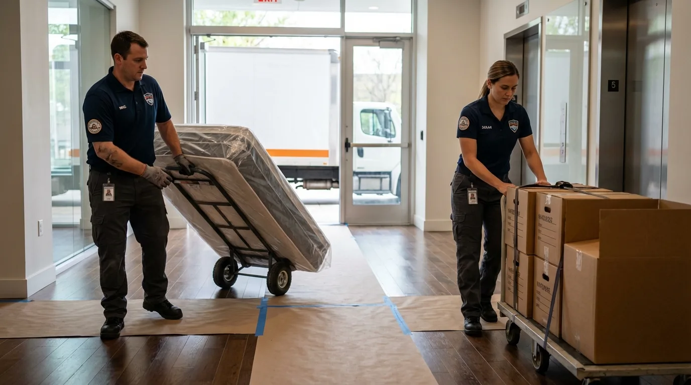 Professional apartment movers loading elevator in Pendleton, SC