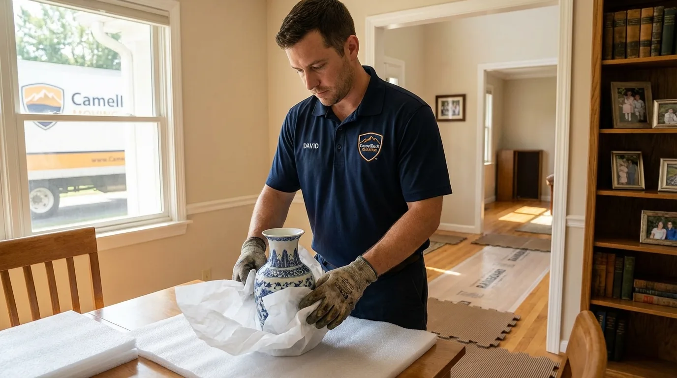 Professional crew carefully wrapping antique vase for senior downsizing move in Pendleton, SC